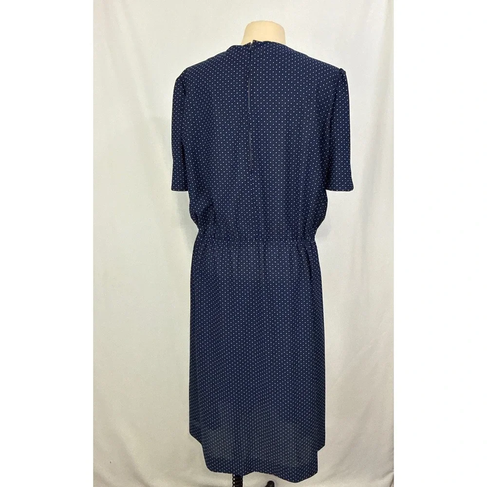 Vintage Navy Blue Polka Dot Midi Dress Short Puff Sleeve Elastic Waist Retro L